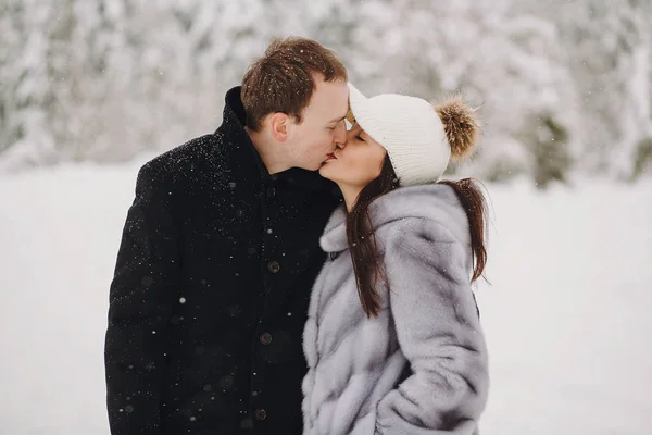 Couple Élégant Amoureux Embrassant Doucement Dans Les Montagnes Enneigées Portraits — Photo