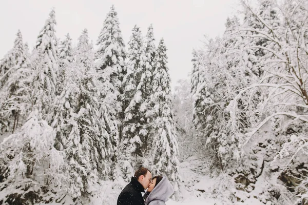 Elegantní Pár Objímat Zimě Zasněžené Hory Happy Romantický Muž Žena — Stock fotografie