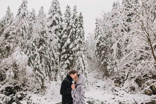 Elegante Pareja Abrazando Invierno Montañas Nevadas Feliz Romántico Hombre Mujer —  Fotos de Stock