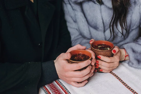 Stylish Couple Holding Cups Hot Tea Hands Wooden Porch Winter — Stock Photo, Image