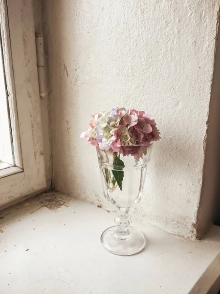 Schöne Hortensie Buntes Bouquet Weinglas Mit Wasser Rustikales Stillleben Rosafarbene — Stockfoto