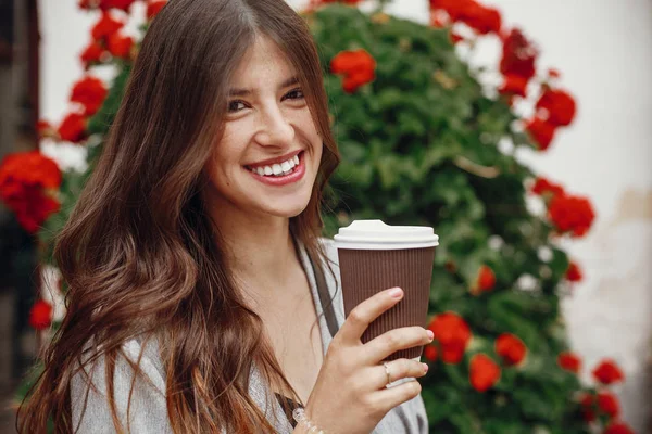 Stylish Hipster Girl Beautiful Hair Perfect Smile Holding Coffee Cup — Stock Photo, Image