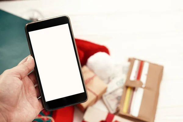 Weihnachtseinkauf Und Verkauf Besondere Weihnachtsangebote Rabatt Telefon Mit Leerem Bildschirm — Stockfoto