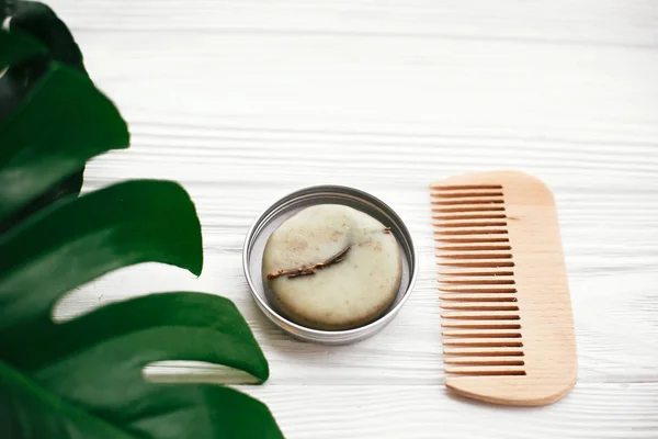 Natural Solid Shampoo Bar Wooden Brush White Wood Green Monstera — Stock Photo, Image