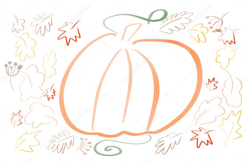Hand draw simple  pumpkin sketch with leaves on white background isolated. Coloring. Autumn pattern. Happy Thanksgiving  illustration, seasonal greeting card.