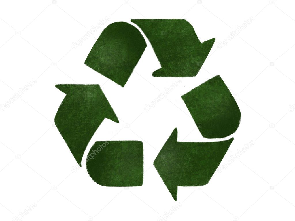 Recycle concept. Green arrows in triangle icon, isolated on white, hand draw illustration. Zero waste concept. Reuse,reduce,recycle. Sustainable lifestyle. Green grass arrows