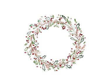 Noel çelenk. Çizilen illüstrasyon izole beyaz zemin üzerine kırmızı çilek, yeşil çam, yaprakları ile şık soyut Noel çelenk ver. Neşeli Noel tebrik kartı mockup