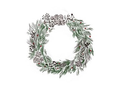 Noel çelenk. Çizilen illüstrasyon izole beyaz zemin üzerine yeşil köknar ve çam kozalakları, şık rustik Noel çelenk ver. Neşeli Noel tebrik kartı mockup