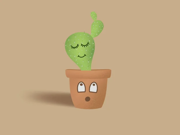 Lindo Cactus Verde Con Cara Sonriente Ojos Dormidos Maceta Marrón — Foto de Stock