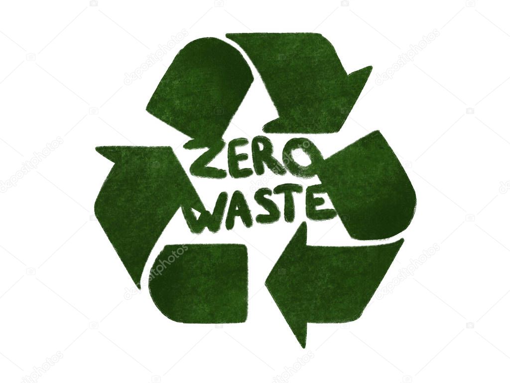 Zero waste concept. Recycle. Green arrows in triangle icon, isolated on white, hand draw illustration. Reuse,reduce,recycle. Sustainable lifestyle. Green grass arrows