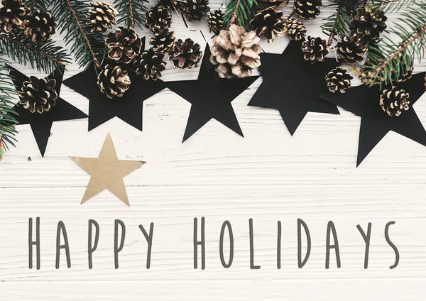 Happy Holidays Tekst Moderne Kerstmis Plat Leggen Met Groene Fir — Stockfoto