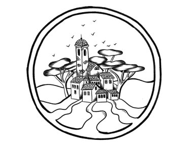 El küçük ülke İtalyan İtalyan tuğla eski binalar, ağaçlar, kuşlar, daire ile çizilmiş kroki. Seyahat Europe kavramı. Şirin kartpostal ya da provence köy veya kasaba arması