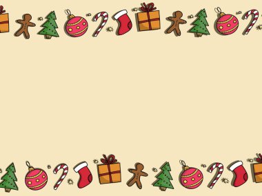 Şık Noel ağacı, Hediyelik, kurabiye, şeker, çorap, metin için yer ile önemsiz şey çerçevesinde. Noel Baba mockup, dilek listesi mektup. Elle çizilmiş kış illüstrasyon, mevsimlik tebrik kartı