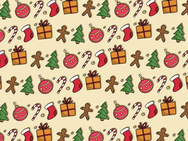 Stilvolle Weihnachtsmuster Von Baum Geschenk Lebkuchen Bonbons Christbaumkugeln Strumpf Handgezeichnete — Stockfoto