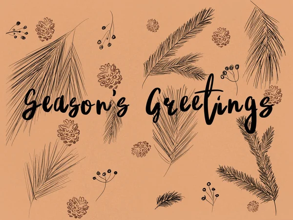 Season Greetings Szöveg Stílusos Karácsonyi Minta Fenyő Ágak Pinecones Bogyók — Stock Fotó