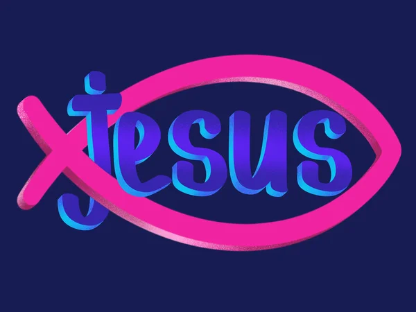 Jezusa Tekst Odręcznie Podpisać Ryba Symbol Niebieskie Tło Ilustracja Chrześcijaństwo — Zdjęcie stockowe