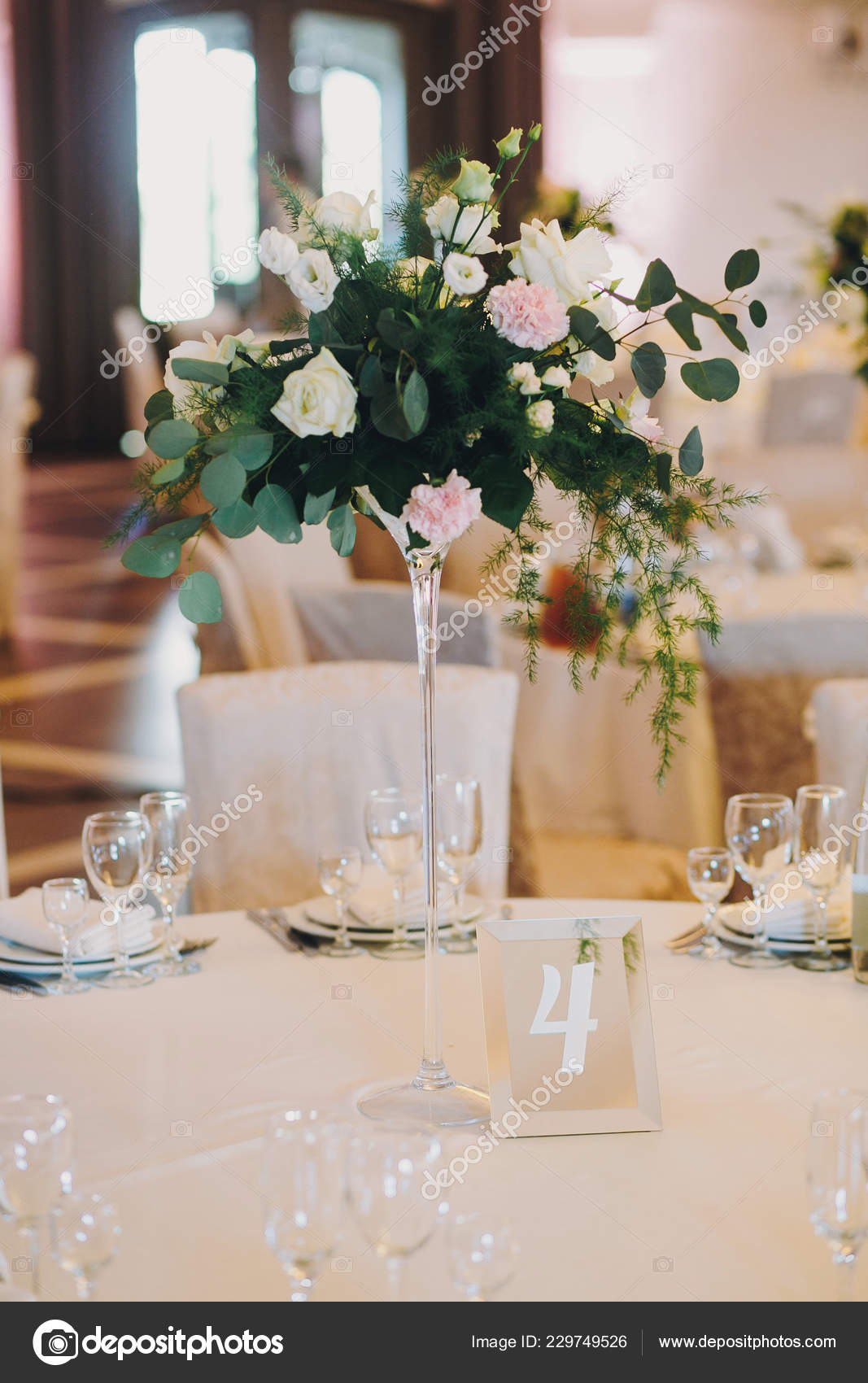 Stylish Decorated Tables Roses Bouquets Plates Glasses Cutlery