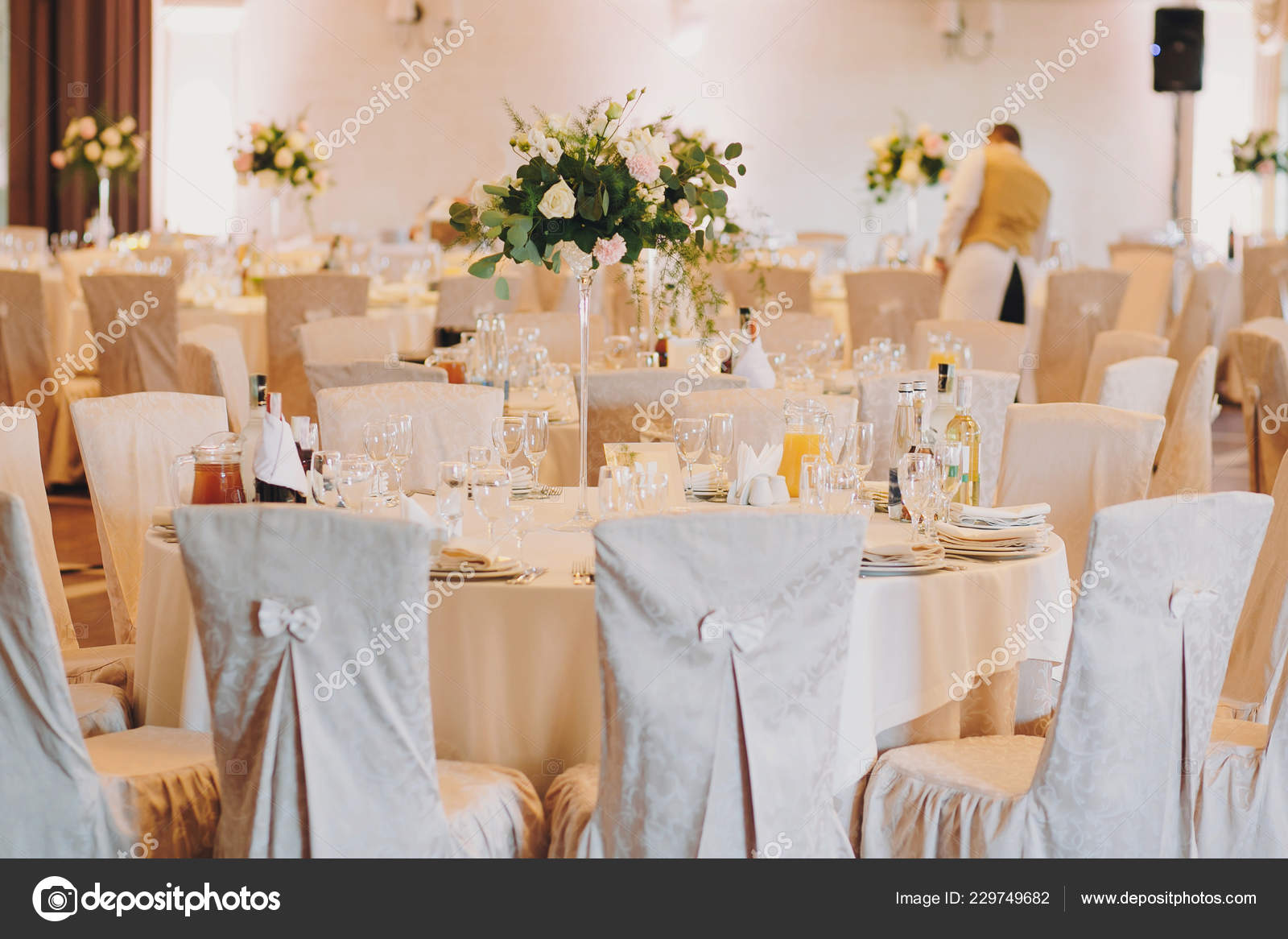 Stylish Decorated Tables Roses Bouquets Plates Glasses Cutlery
