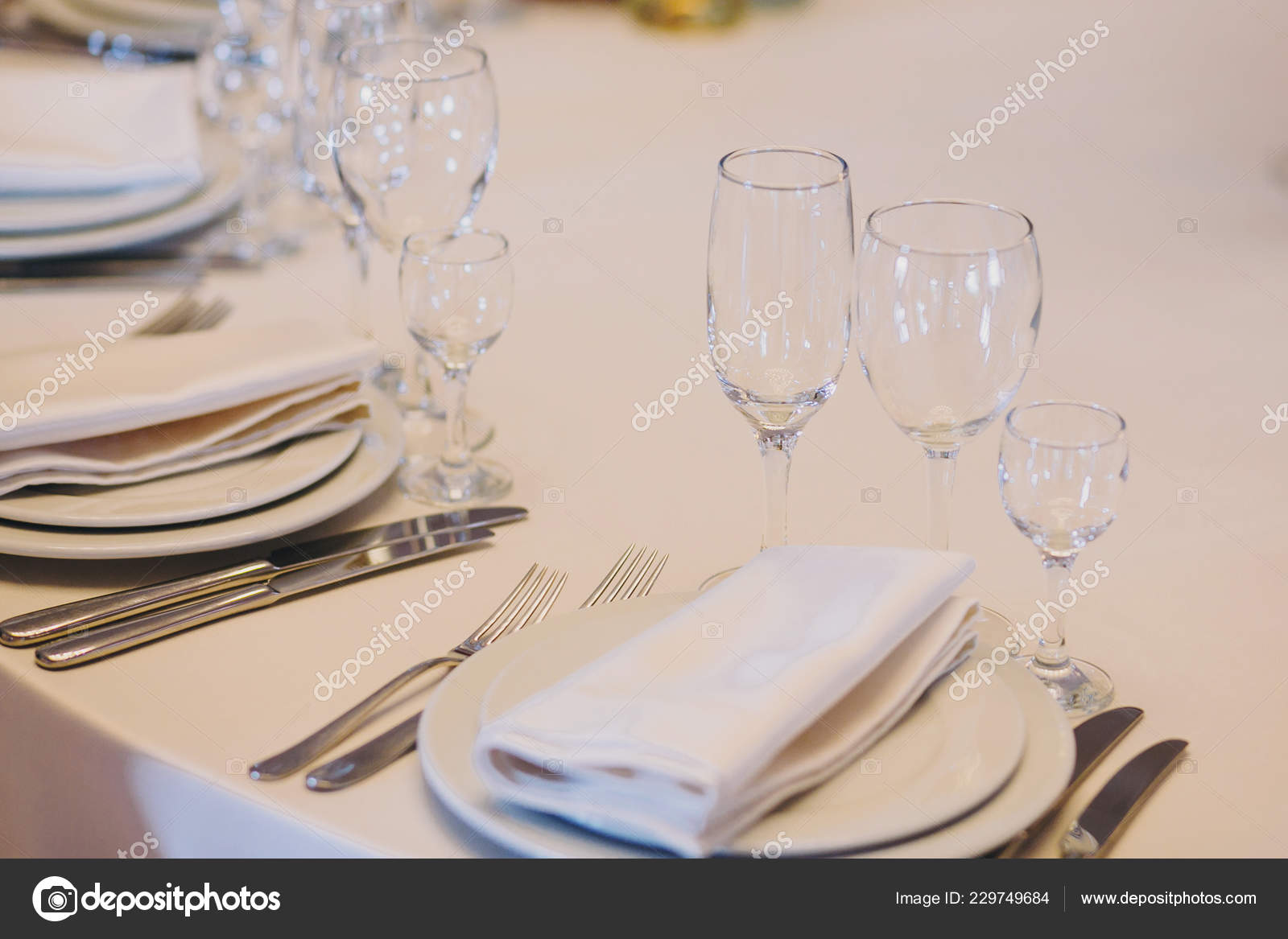 Stylish Table Empty Plates Glasses Cutlery White Napkin Wedding