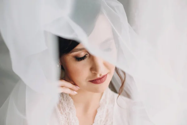 Bella Sposa Bruna Elegante Posa Abito Seta Sotto Velo Mattino — Foto Stock