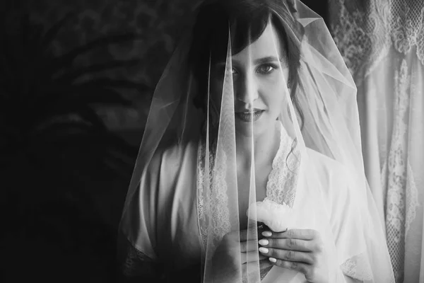 Krásná Stylová Bruneta Nevěsta Pózuje Roucho Pod Závojem Ráno Smyslné — Stock fotografie