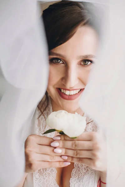 Krásná Stylová Bruneta Nevěsta Pózuje Roucho Pod Závojem Ráno Smyslné — Stock fotografie