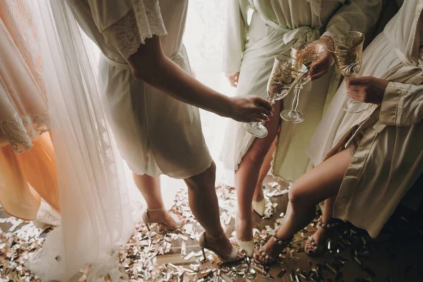 Bride with bridesmaids in silk robes toasting with champagne glasses and showing sexy legs, standing on gold and silver confetti,bridal boudoir morning party. Hen shower.