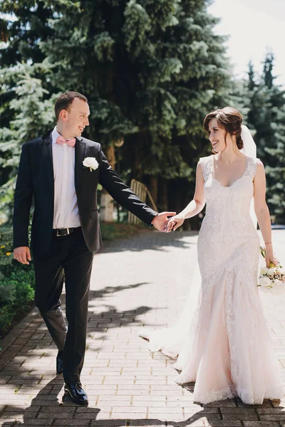 Preciosa Novia Vestido Increíble Elegante Novio Caminando Sonriendo Soleada Calle —  Fotos de Stock