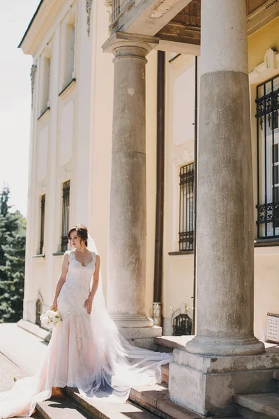 Hinreißende Braut Atemberaubendem Kleid Mit Langem Schleier Und Schleife Hält — Stockfoto