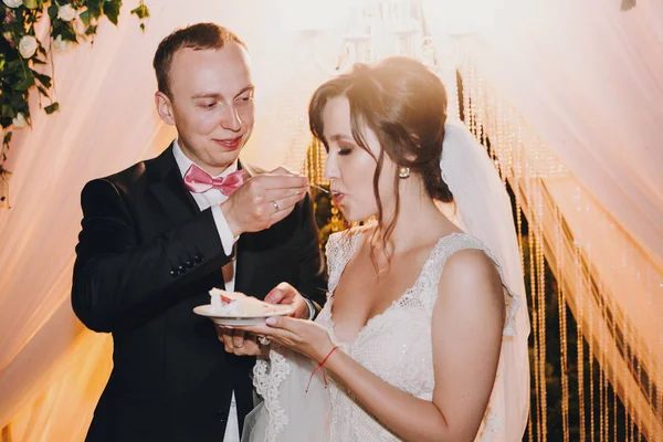 Wunderschöne Braut Und Stilvollen Bräutigam Verkostung Köstliche Hochzeitstorte Mit Frischen — Stockfoto