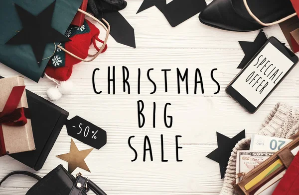 Christmas Big Sale Text Xmas Sign Phone Screen Special Discount — Stock Photo, Image