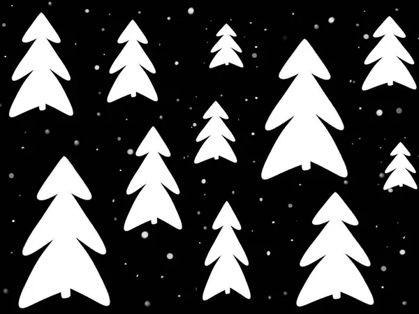 Elegantní Jednoduché Bílé Vánoční Stromky Sníh Černém Pozadí Ručně Kreslené — Stock fotografie