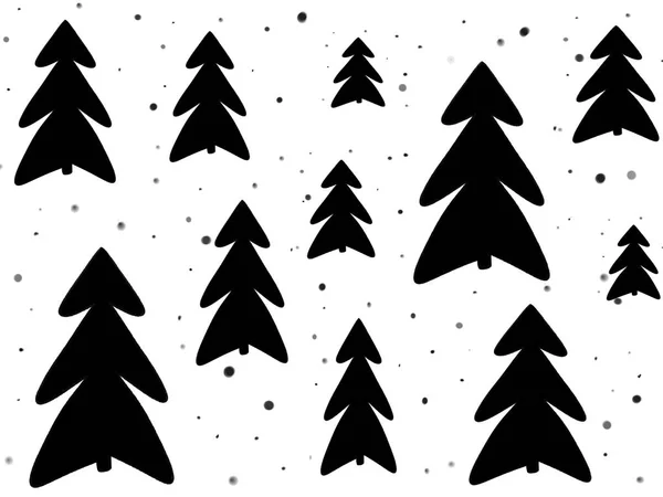 Elegantní Jednoduché Černé Vánoční Stromky Sníh Bílém Pozadí Ručně Kreslené — Stock fotografie