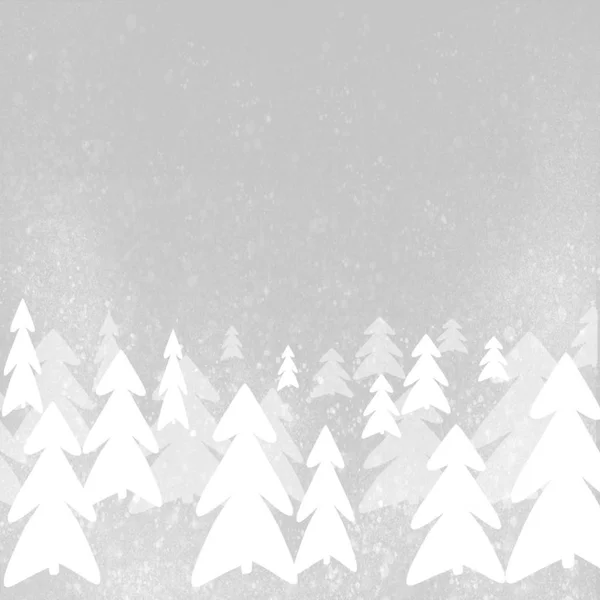 时尚简单的白色圣诞树和灰色背景上的雪 手绘的例证 带有文本空间的现代贺卡 节日快乐 灰色背景上的白色松树 — 图库照片