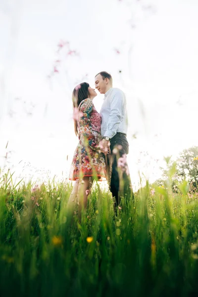 若くて美しいカップル優しく抱き締めるとピンクの花と新鮮な春の牧草地の日差しの中でキスします 幸せなスタイリッシュな家族の日光の緑のフィールドを受け入れます ロマンチックな瞬間 — ストック写真