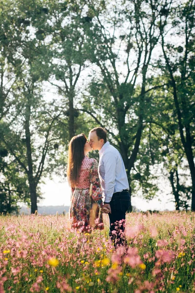 美しい若いカップルを手を繋いでいると ピンクの花で春の牧草地の日差しの中でキスします 幸せな家族が日光の緑のフィールドを受け入れます ロマンチックな瞬間 バレンタインの日 — ストック写真