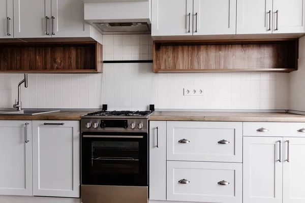 Luxury Modern Kitchen Furniture Grey Color Steel Oven Sink Wooden — Stock Photo, Image