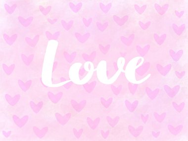 Metin seviyorum, pembe Sevgililer günü kalpleri Pembe dokulu arka plan üzerinde yazılı tabelada teslim. Mutlu sevgililer günü tebrik kartı, elle çizilmiş şekil. Sevgililer günü