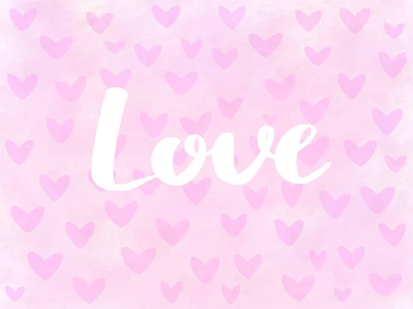 手のピンクのテクスチャ背景ピンク バレンタイン心に書かれた記号 本文を大好きです 幸せなバレンタインデーのグリーティング カード 手描きの図 バレンタインの日 — ストック写真
