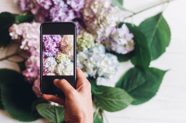 El tutma telefon ve rustik ahşap beyaz ortanca çiçekleri alarak fotoğraf, düz yatıyordu. İçerik Sosyal medya kavramı, bloglama fotoğraflar için. Mutlu anneler günü. Metin için yer