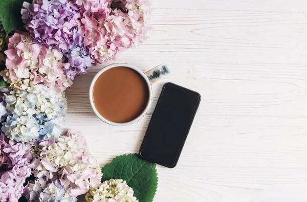 Beautiful Hydrangea Flowers Coffee Cup Phone Rustic White Wood Flat — Stock Photo, Image