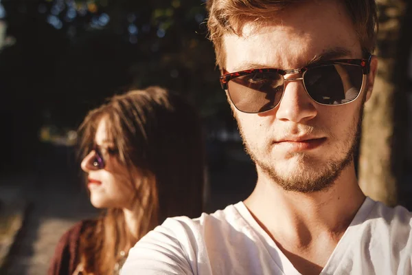 Stylish Hipster Couple Making Selfie Embracing Sunlight Happy Family Couple — Stock Photo, Image