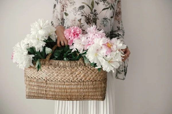 Boho Girl Holding Pink White Peonies Rustic Basket Stylish Hipster — Stock Photo, Image