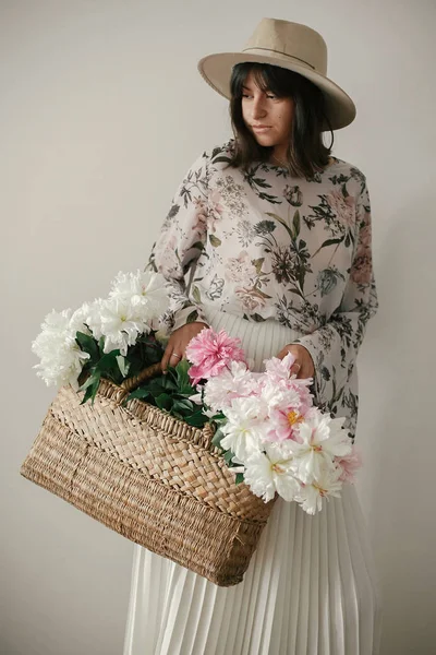 Sensual Portrait Boho Girl Holding Pink White Peonies Rustic Basket — Stock Photo, Image