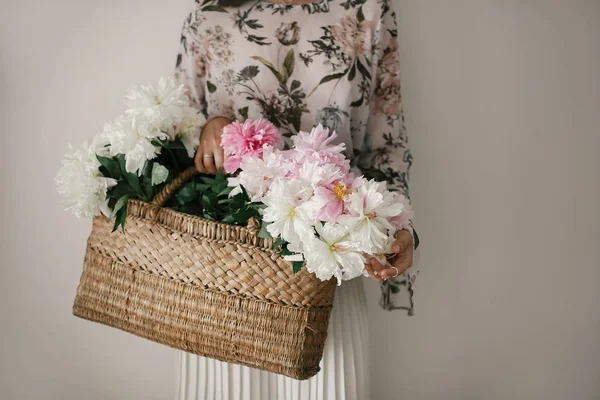 Boho Girl Holding Pink White Peonies Rustic Basket Stylish Hipster — Stock Photo, Image