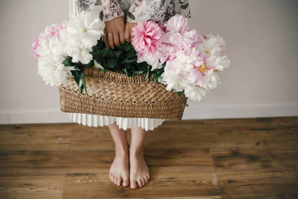 Boho Girl Holding Pink White Peonies Rustic Basket Standing Barefoot — Stock Photo, Image