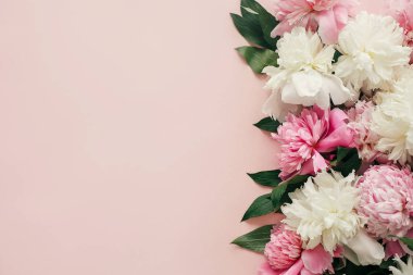 Uluslararası Kadınlar günü. Şık peonies düz yatıyordu. Pembe ve beyaz peonies metin için yer ile pastel pembe kağıt üzerinde kenarlık. Mutlu anneler günü, çiçek tebrik kartı mockup. Sevgililer günü.