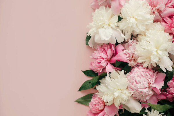 Stylish peonies flat lay. Pink and white peonies on pastel pink paper with space for text. Hello spring. Happy mothers day, floral greeting card mockup. International Womens Day.