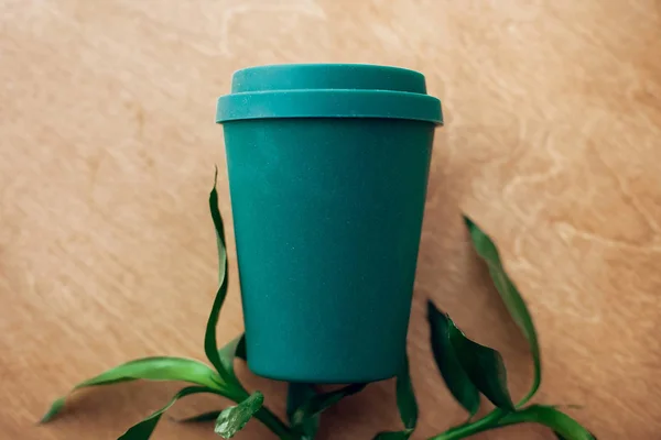 Verbod Eenpersoonsgebruik Kunststof Stijlvolle Herbruikbare Eco Koffie Kopje Bamboe Bladeren — Stockfoto