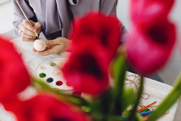 Happy Easter Concept Hands Holding Painting Easter Egg Rustic Table Stock Image